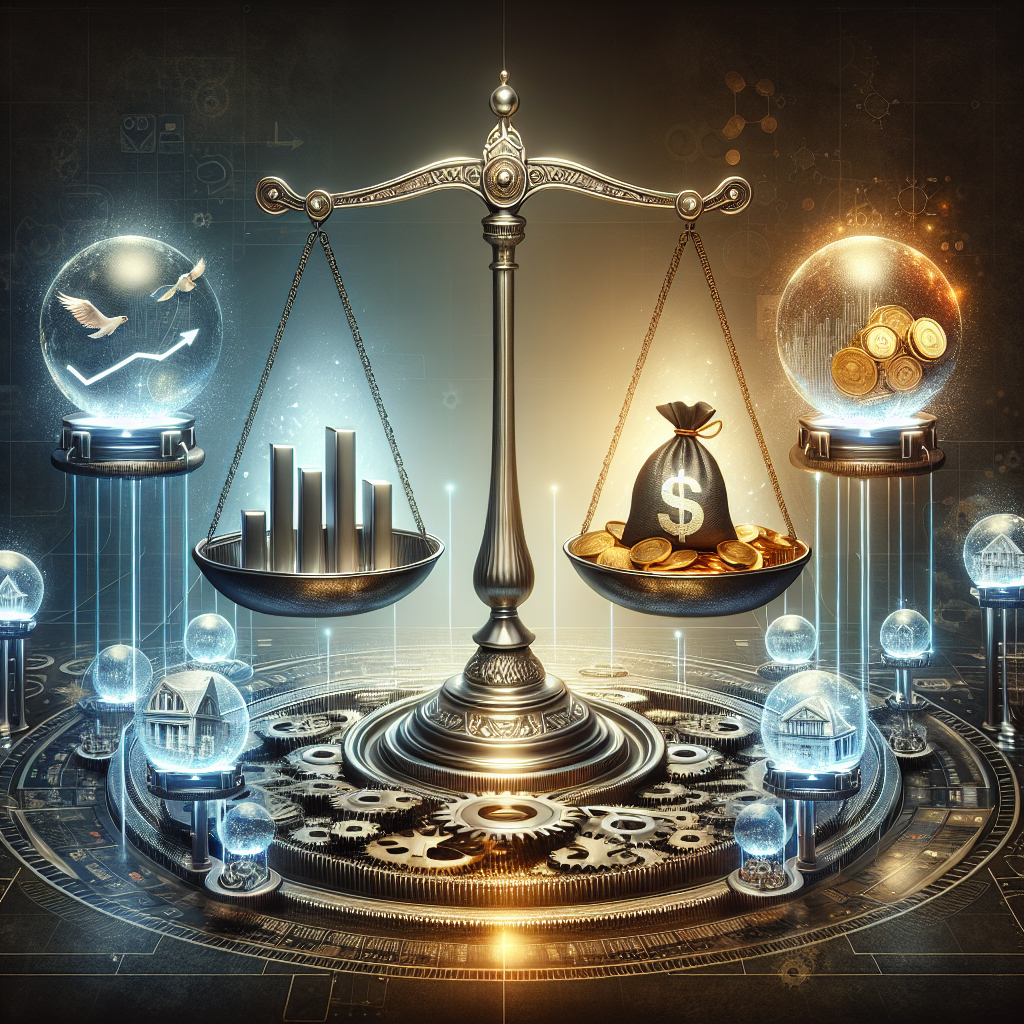 An intricate 3D illustration that symbolizes the decision-making process of the Federal Reserve on interest rates. The centerpiece of the image is a large, metallic balance scale, with one side holding a representation of inflation in the form of a rising balloon, and the other holding a bag of coins symbolizing interest rates. Surrounding this, there should be a complex network of cogs and gears, implying the intricate machinery of financial policy-making. Further around are glowing holographic spheres containing images of different investment strategies as a hedge against inflation like gold, real estate, and stocks.