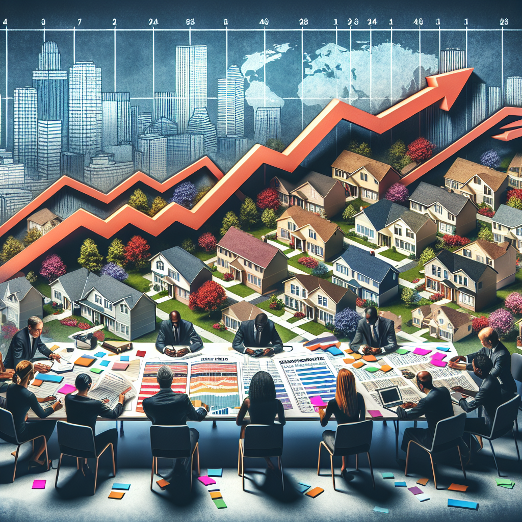 An illustrative image encompassing the theme of the US housing market crisis with rising mortgage rates. The scene could show a series of suburban houses signifying the housing market. For the depiction of rising rates, you can create a symbolic financial graph or chart rising over a stylized image of the US map. Also, include figures representing various ethnic backgrounds like Caucasian, Hispanic, Asian, and Black individuals studying a large planner or strategy board laden with sticky notes and markers symbolizing the must-have strategies to navigate the rising rates. Ensure the visualization conveys seriousness of the issue and the importance of strategic planning.