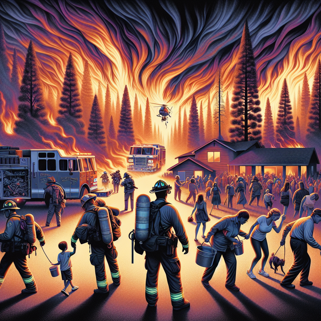 An illustration displaying the harsh reality of wildfire emergencies during extreme heatwaves. In the foreground, a group of firefighers, diverse in ethnicity and gender, are battling a fierce wildfire with advanced firefighting equipment amidst tall, perhaps once-green trees, now charred and engulfed in flames. In the background, a hazy orange sky filled with swirling dark smoke. The middle ground captures an evacuation scene with families, of various ethnicities and genders, leaving their homes, carrying their most precious belongings, under the guidance of a woman officer. Ensure to highlight the intense heat and drama of the situation.