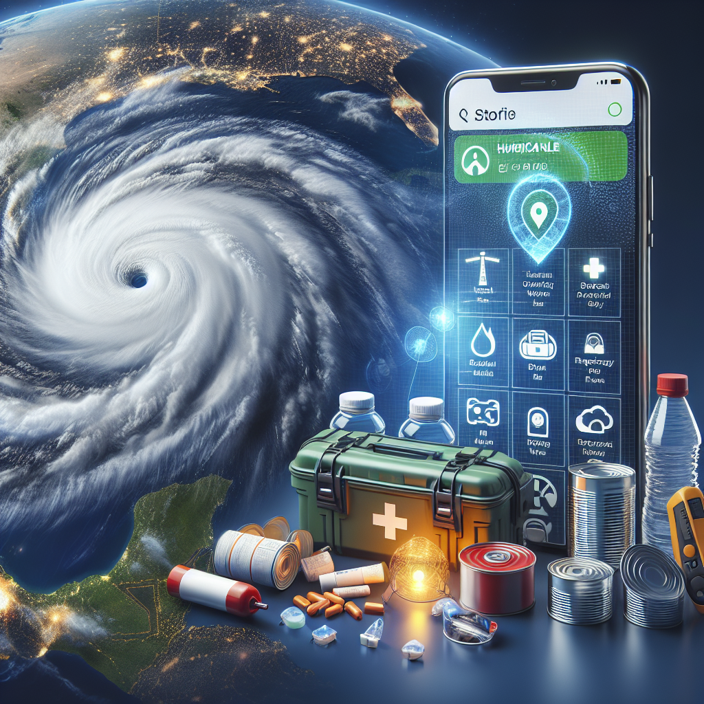 An image representing an article focused on emergency preparedness updates during the hurricane season. The scene includes a realistic digital representation of a hurricane viewed from a satellite, with swirling clouds forming a distinct eye. Beside this, there should be an image of a mobile phone showing push-alert notifications related to hurricane warnings. The background contains a digital map pin pointing out the hurricane's projected path and various emergency services locations. Essential items for preparedness, such as a first aid kit, bottled water, canned food, and a battery-powered radio, are prominently displayed.