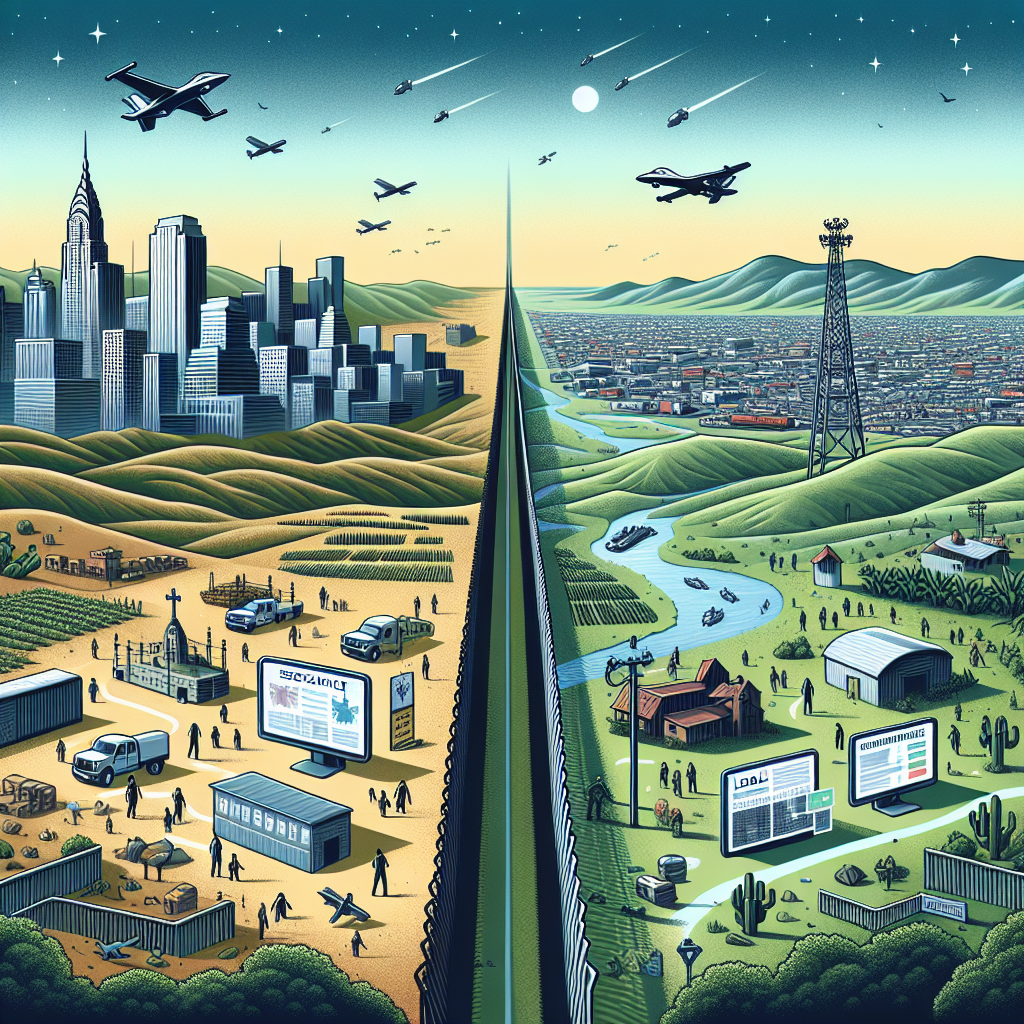Illustrate a broad landscape showcasing a border fence across a sprawling terrain. To one side should be a bustling cityscape signifying the United States, complete with skyscrapers, diverse traffic, and varied architecture, as a depiction of importance the city holds. To the other side, show less developed but fertile lands, indicating the other countries. In the middle section, display modern surveillance technologies like security cameras, drones in the sky, and computer screens with maps. Insert symbolic representations of immigration policy updates such as paperwork, legal scales, and concept navigation compasses indicating direction towards the city.