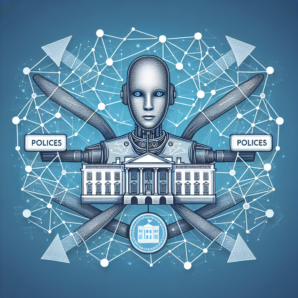 Illustrate an abstract concept of AI regulation being impacted by policies. This includes an AI robot figure in the center, surrounded by a network of interconnected nodes symbolizing the complex system of AI. The White House - represented by an emblematic building - is in the background, imposing certain regulations. Arrows from the building towards the AI network represent policies. Remember not to portray any real politicians or public figures. Let's display the AI robot as a neutral, unambiguous figure without any humanlike attributes to avoid personalization.