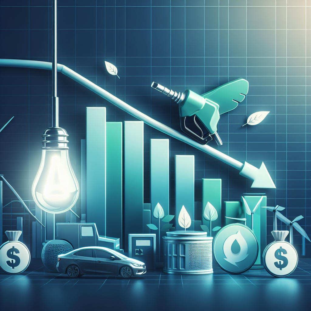 Depict the decrease in gas prices as a bar chart showing a notable decline over recent months. Beside it, display the most impactful energy policy changes as icons. Include an image of an energy-efficient light bulb to symbolize energy savings, a renewable energy source such as a wind turbine, and a leaf to represent environmental consciousness. Overlay the scene with a bold title 'Gas Prices Plummet: Best Energy Policy Changes to Save Money'. The background should be a gradient to keep the focus on the foreground elements.
