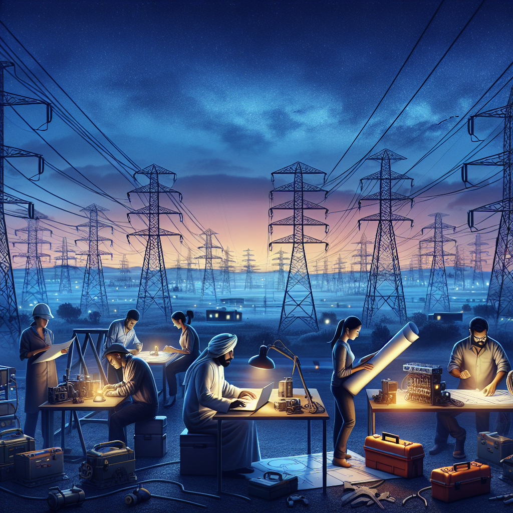 Imagine a scene depicting a landscape barred with numerous power lines stretching across the horizon under a dusky sky. The power stations dot the landscape, their silhouettes stark against the twilight. Suddenly one by one, lights in the power stations start going off, signifying a power grid failure. Meanwhile, in the foreground, a diverse group of engineers, a South Asian female and a Middle Eastern male, are earnestly studying a blueprint and a laptop, symbolizing their effort to avoid a nationwide blackout. Tools and vital equipment like a generator, are visible nearby.
