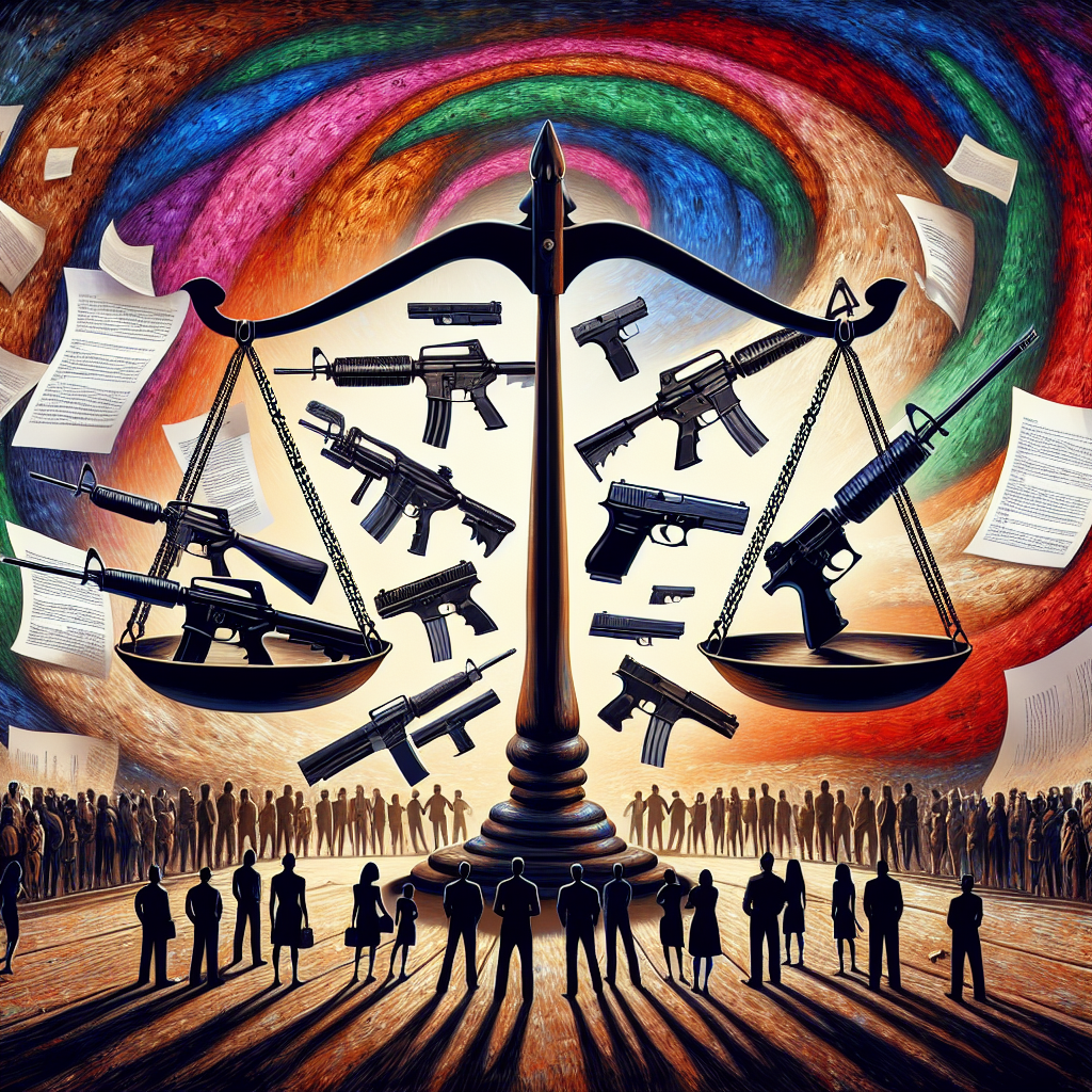 An image showcasing a balance scale. On one side of the scale, there are several semi-automatic firearms of various types, in dark, negative colors, representing the concept of gun violence. On the other side, there are various legal documents, done in positive, bright colors. This side symbolizes federal gun control legislation. Around the scale, there's an abstract swirl of colors contrasting each other - gloomy hues near the firearms, bright and hopeful near the documents. The background shows a diverse group of people, men, women, of Caucasian, Hispanic, Black, Middle-Eastern, South Asian, and White descent, looking expectantly at the scale, representing the public interested in the issue.
