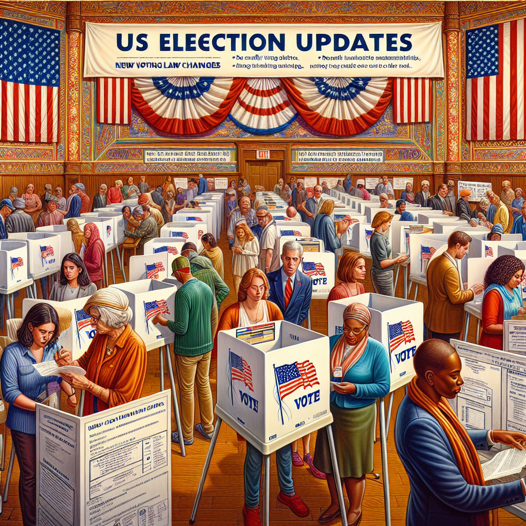A highly detailed and colorful depiction of diverse individuals, of various descents including Caucasian, Hispanic, and South Asian, actively participating in a democratic process. They should be in a well-organized election polling station with booths, ballot boxes, and informational pamphlets. Also, portray cues of recently implemented changes, such as people using digital voting machines, showing voter ID, or voting by mail. A banner overhead reads 'US Election Updates: New Voting Law Changes'. The setting should be warm with vibrant colors, symbolizing public participation, inclusion, and the essence of democracy.
