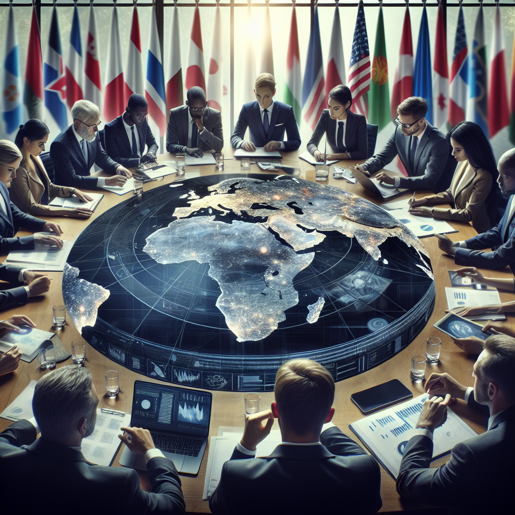 Generate an image representing the concept of global security. In the foreground, show a diverse group of people around a table. They are focused, engaging in intense deliberation. Some are pointing at a world map spread across the table. The room is filled with symbols of diplomacy: flags of various countries, paperwork, and digital screens showing data. Don't include military paraphernalia or overtly American symbols to avoid any bias. Include elements that convey the idea of effortlessness, such as calm faces and relaxed postures.