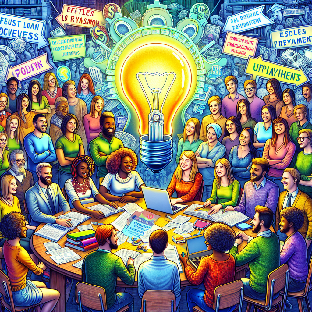A vibrant, detailed image of diverse group of students, both male and female, from different descents such as Middle-Eastern, Caucasian, Hispanic, Black, and South Asian. They are gathered around a large table, happily discussing amongst themselves. The table is adorned with various items, including laptops, open textbooks and documents signifying student loans. In the middle, there is a large, glowing light bulb symbolizing 'idea' or 'solution', with the words 'Loan Forgiveness' emerging from it. Behind them, a banner with the phrase 'Effortless Repayment Updates' is visible. The atmosphere indicates relief and hopeful anticipation.