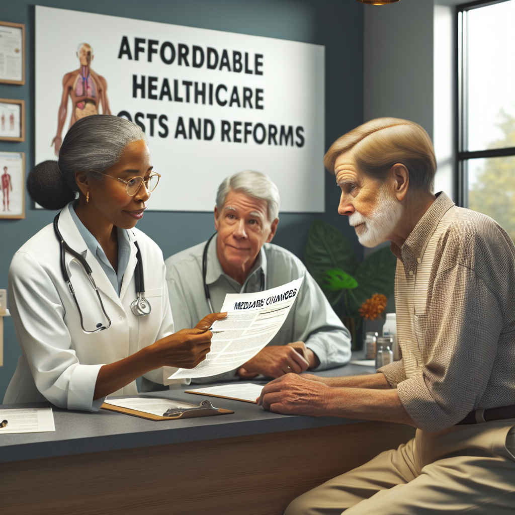 A realistic scene of a small town doctor's office. The receptionist, a mature Black woman, is handing over documents labeled 'Medicare Changes' to a Caucasian elderly man. Both of them are discussing the documents, appearing focused and engaged. In the backdrop, a South-Asian female doctor is consulting with a middle-aged Hispanic male patient about medical expenses. The atmosphere is serene and professional. Hanging on the wall behind them, there's a sign reading 'Affordable Healthcare Costs and Reforms'. The setting should convey a sense of change and adaptation to new healthcare policies.