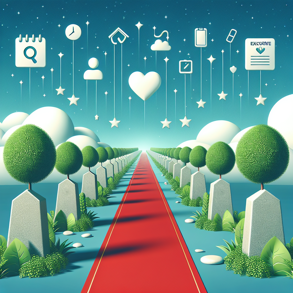 Generate an image depicting a symbolic red carpet leading into a pathway lined by significant milestones represented by stone markers. These milestones are flanked by leafy green plants representative of health and vitality. In the sky above, small icons representing different wellness checks such as a heart, a scale, etc are scattered like stars, symbolizing regular health updates. Please also include a book titled 'Exclusive Insights'. None of the features should be personified or represent specific individuals.