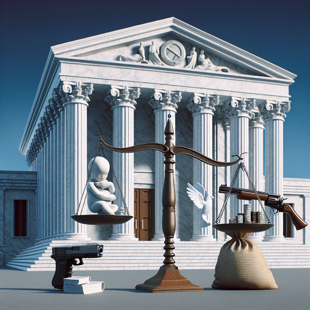 A grand, marble-clad courthouse with Corinthian columns standing under a blue sky, acting as a symbol of justice. In the foreground, there are three stand-alone scales of justice. On one scale, the symbol of a human fetus being weighed against the symbol of a woman's rights. On the second, a handgun being weighed against a peace dove. On the third scale, a sack of coins being weighed against a stack of books symbolizing education.