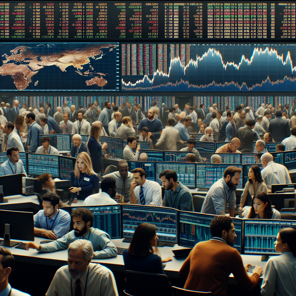 A busy trading floor filled with diverse people of varying descents and genders. Some people are Caucasian, some are Middle-Eastern, others South Asian, Black and Hispanic. Half the traders, both men and women, are intensely studying screens depicting fluctuating graphs and numbers - symbols of the evolving economy and Federal Reserve interest rates. Others are in animated conversations, making strategic decisions to capitalize on the changing market. In the background, a large electronic board displays various economic indices, the centerpiece of which is the Federal Reserve's announced interest rate.