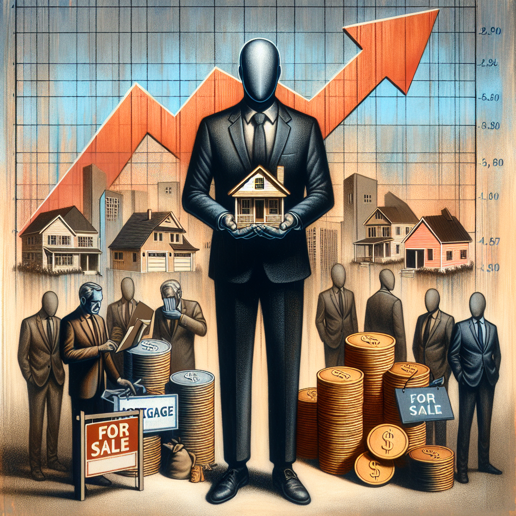 A visual metaphor representing the U.S. housing market crisis. In the center, an anonymous businessman is seen holding a house model in one hand and a pile of coins in the other, indicating the costs of mortgages. The background shows a chart with an upwards arrow, symbolic of rising mortgage rates. Apart from these, there are various houses with 'for sale' signs demonstrating the market's saturation. The artwork should feel somewhat distressing in tone to encapsulate the severity of the crisis. The people depicted should reflect a diverse array of descents and genders.