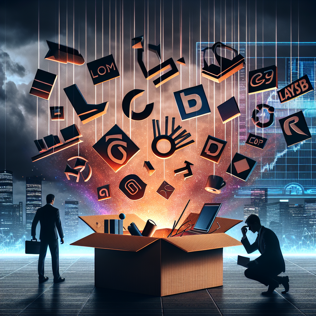 Visualize a collage of generic corporate logos, representing large tech companies, rendered in dark tones. They're falling down, tumbling and bouncing as though hit hard. Nearby, an open cardboard box is visible, symbolic of layoffs, filled with office supplies like a laptop, a coffee mug, and a stack of papers. The scene is depicted under a stormy sky, reflecting the bad news. Meanwhile, in the background, there's a man studying a chart that explains why this situation happened, displayed on futuristic holographic screens. Remember, all company logos should be generic and not represent any specific real-world brand.