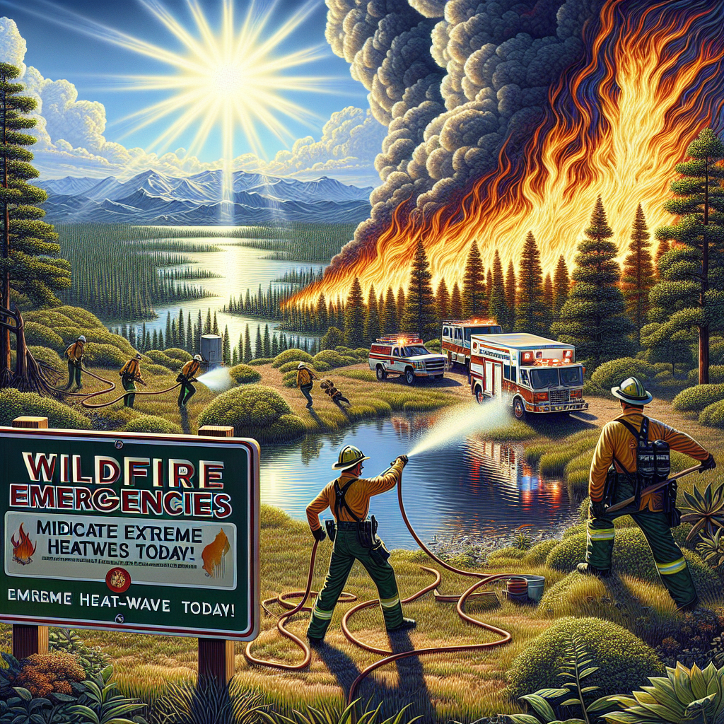 Depict an intriguing scene of a vegetation-rich landscape bathed in the glaring midday sun, with glaring sunlight reflecting off a nearby body of water. A team of multiethnic firefighters, including a Hispanic female and a South Asian male, are working efficiently - operating advanced firefighting equipment and dousing an edge of a rapidly spreading wildfire. In the foreground, a sign articulates 'Wildfire Emergencies: Mitigate Extreme Heatwaves Today!' showcasing a symbol of a burning tree to exemplify the hazard. The sense of urgency, effort, and concern should permeate the landscape as a testament to the immediate need for action.