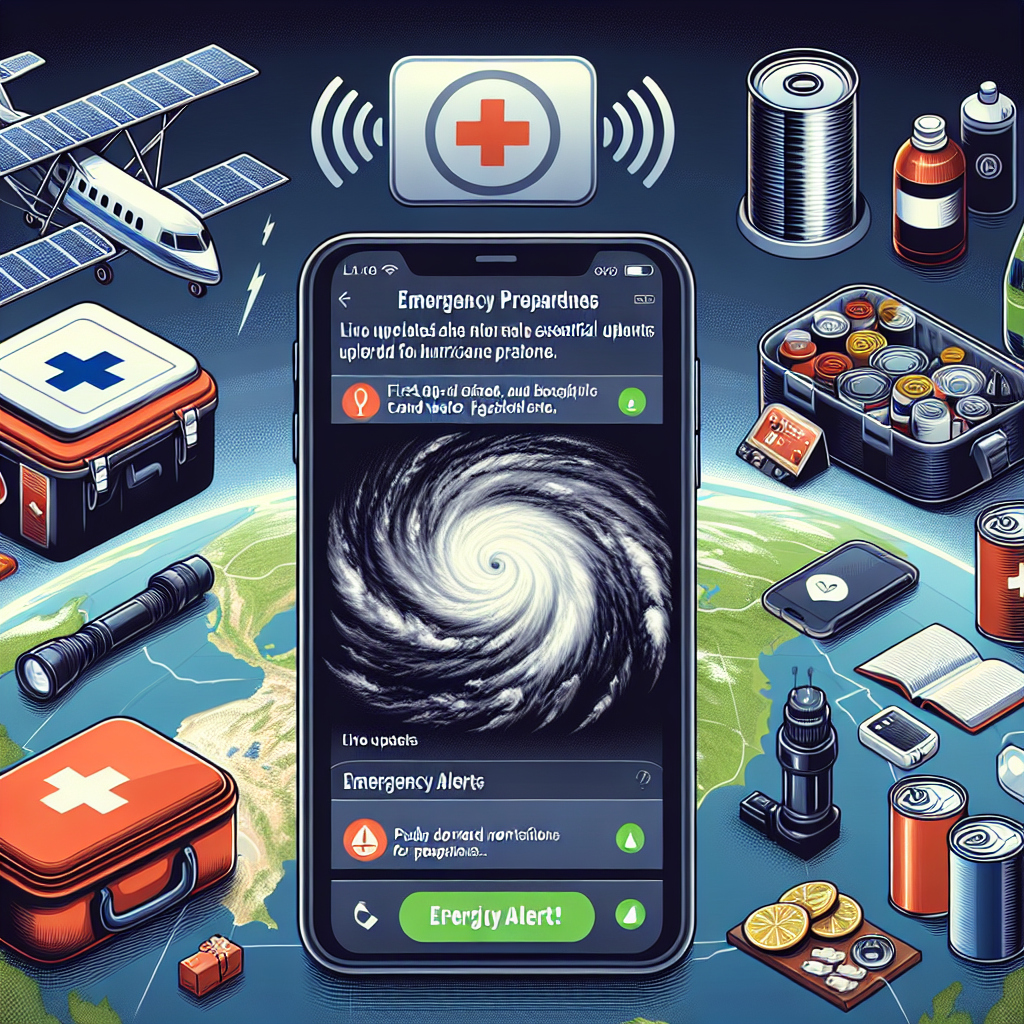 A detailed and informative image showing essential elements related to FEMA Emergency Preparedness Updates during Hurricane Season. The image should include a dark, swirling hurricane viewed from a satellite perspective, vital supplies like a first aid kit, canned food, bottled water, and battery-powered flashlight, and an emergency alert symbol. Additional elements could be live updates being displayed on a digital device like a smartphone or computer, with clear indications of push notifications for emergency alerts. Furthermore, include a family in a safe shelter showing preparedness for the hurricane.