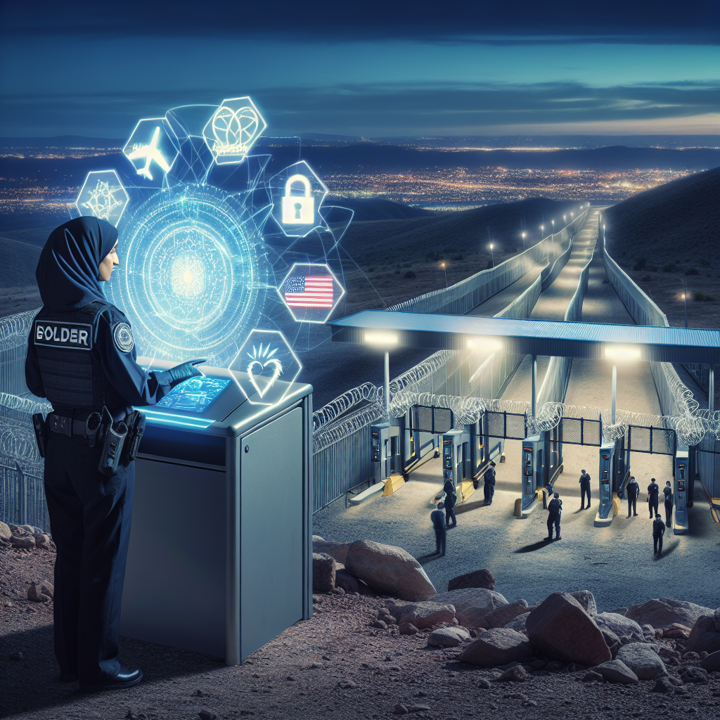 Generate an image of a border patrol agent, who is Middle-Eastern and female, diligently monitoring a high-tech security checkpoint. The checkpoint is atop a hilly landscape at dusk, with sturdy fences stretching out into the distance. Integrate symbolic elements like a shiny new padlock and a sign welcoming newcomers in various languages, suggesting policy changes. Remove specific symbols, logos, or direct references to any specific country or location.
