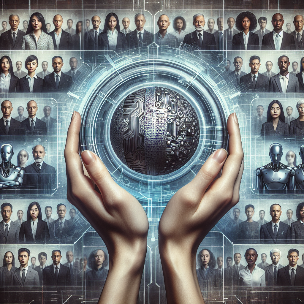 An intricately detailed image representing the concept of artificial intelligence regulation. Picture a large, metallic sphere in the center, symbolizing artificial intelligence. The sphere is encircled by a sleek silver band, signifying regulation. In the background, faded images of diverse human figures in formal attire, from East Asian female to Black male, to South Asian non-binary, signify people from various authorities like technological industry, law, and government. Each person is shown holding a piece of the silver band, indicating their role in framing the regulation. The overall colour scheme is futuristic blue and metallic grey.