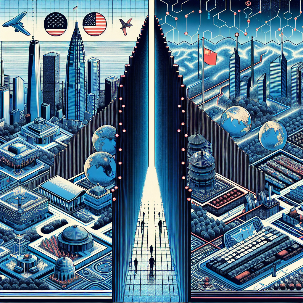 An intricate illustration depicting a symbolic representation of the US-China tech tensions. In one half of the image, show an elaborate digital landscape representing the United States with silhouettes of notable US tech landmarks like Silicon Valley and the Googleplex. In the other half, reflect China's expansive tech scene featuring recognizable Chinese tech hubs such as Beijing's Zhongguancun. A large digital wall divides the two halves, symbolizing the divide over the TikTok ban debate. Note: do not include any specific company logos or identifiable buildings. The illustration should be imbued with a futuristic, technology-inspired aesthetic.