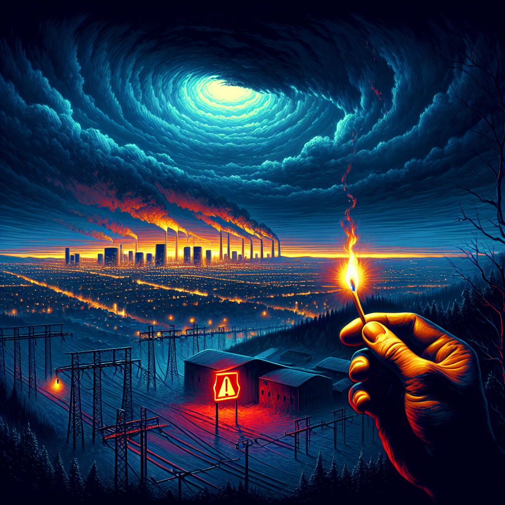 Paint a vivid, intense illustration depicting the danger of national power grid failures. The scene should show a twilight cityscape with once illuminated skylines now dark. A single match, held by a hand of an indistinguishable descent, flickers as the only source of light, symbolizing a single point of hope in the encroaching darkness. The landscape is silent except for a red critical warning icon, indicating the failed power grid, cast on a nearby building. In the distance, the silhouette of a power station stands idle.