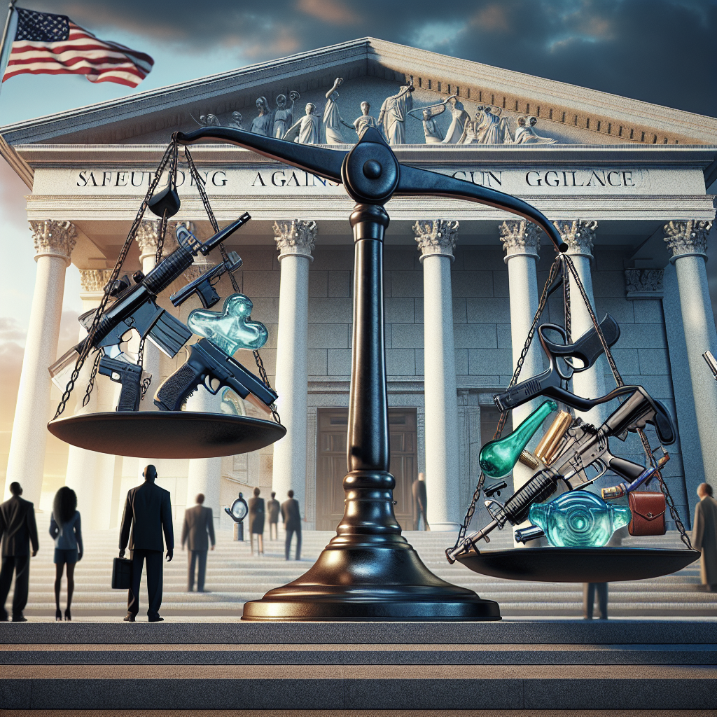 An image representing the theme of gun control legislation. In the foreground is a courthouse, with a balanced scale made of dark metal standing prominently on the steps. In one tray of the scale, there's a clear, glassy image of a variety of firearms, reflecting a broad spectrum of colours from the ambient light. The other tray carries a big, intricate metal key symbolizing legislation. On the courthouse's marble wall, it is carved 'Safeguarding Against Gun Violence'. The sky above is filled with a light of hopeful dawn. Add a wide range of people such as a Black policewoman, a Caucasian legislator, and a South Asian lawyer passing by, observing the monument.