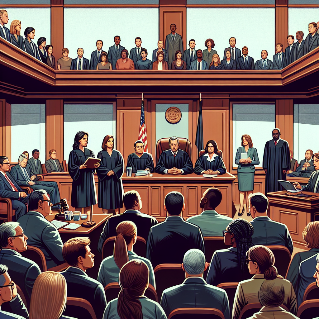 Depict a scene from a courtroom of a high-profile trial in the United States. The room should be filled with tension, as the moment of a verdict announcement approaches. Show various participants in the courtroom, including a Hispanic female judge, a Caucasian defense attorney, a Middle-Eastern prosecutor, and a mixed crowd of spectators. Make sure to incorporate symbols of justice such as the gavel, the judge's bench, and the witness stand but avoid showing any specific people or cases. Note: This image must be sensitive to the serious nature of the setting and context.