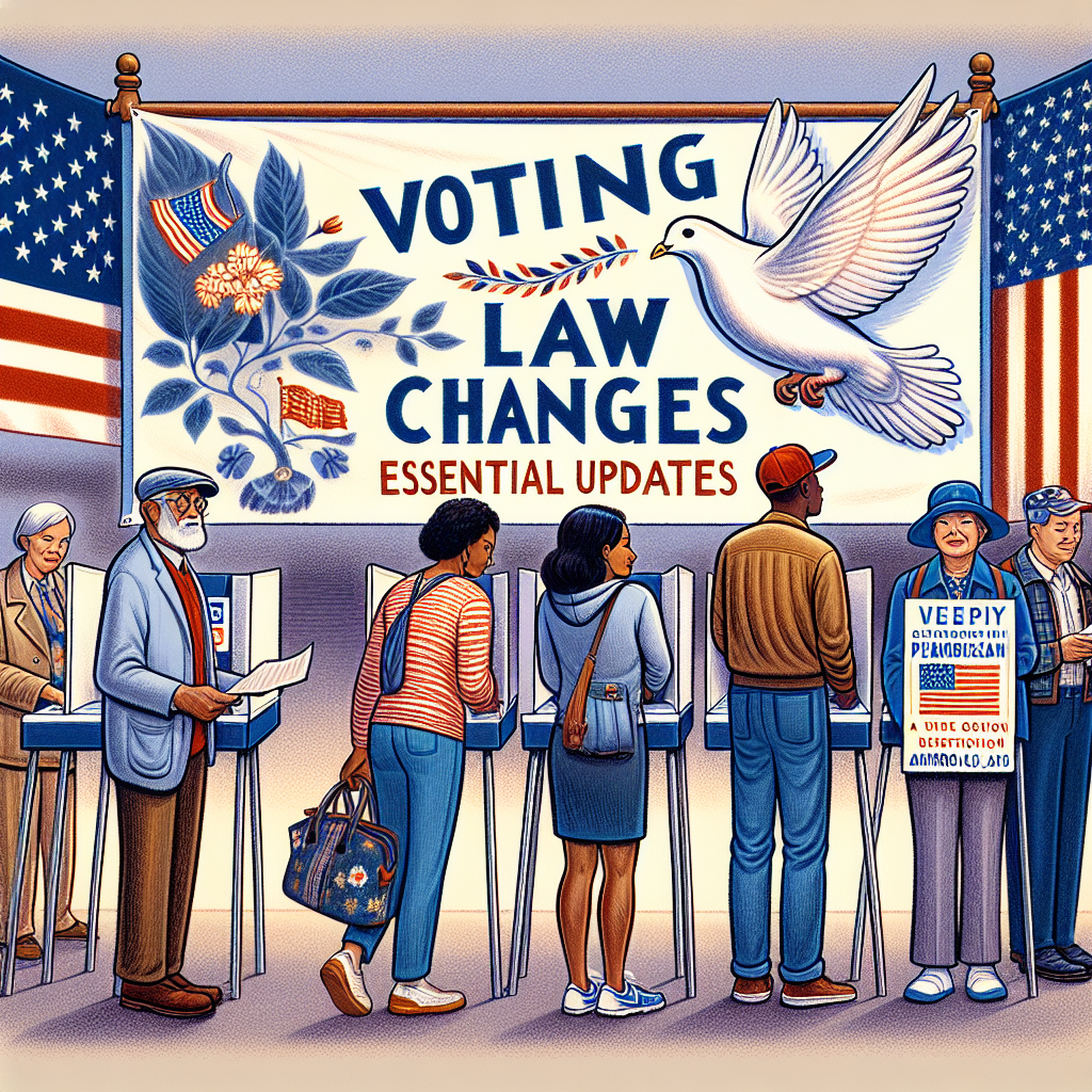 An illustration depicting the spirit of democracy in the context of recent voting law changes in the US. Show a polling booth with a diverse array of voters lined up: a Caucasian senior man, a young Black woman, a Hispanic father with his daughter, a group of Middle-Eastern college students, and a South Asian veteran. Outside the polling booth, illustrate a large signboard displaying 'Voting Law Changes - Essential Updates'. Bordered by the American flag and a dove symbolizing peace. Keep the vibe optimistic, illustrating hope and unity.