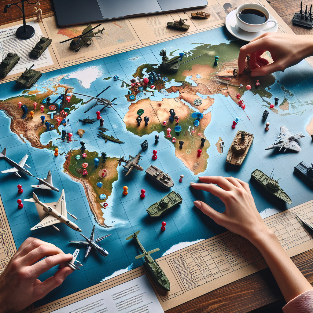 An overhead view of a tabletop strewn with various global strategy game pieces, including miniature helicopters, tanks, and ships. There's a detailed map of the world spread out across the table, with multicolored pins placed in strategic locations, symbolizing potential areas of military aid. A pair of hands are carefully moving a piece representing aid from the North American region towards a marked location. These hands are depicted as being Caucasian and female. Nearby, an open laptop screen displays an article titled 'Global Security' and a coffee cup with the United States flag design rests on the table.