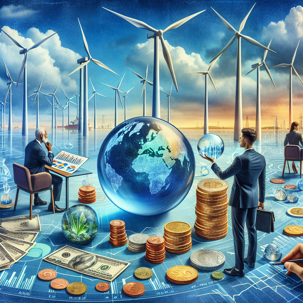 Picture a vivid financial landscape set against a backdrop of modern wind turbines turning effortlessly in a bright blue sky. Show a table filled with various types of coins, banknotes, stocks, and bonds. To one end of the table, there's a Middle-Eastern woman, smartly dressed in a business attire, analyzing charts and graphs on clean energy investments. On the other end, a Hispanic man is pondering a crystal ball that emanates a soft glow of green light, symbolizing the future of eco-friendly investments. The scene should embody the theme of smart investment strategies in renewable energy and the potential for high returns.