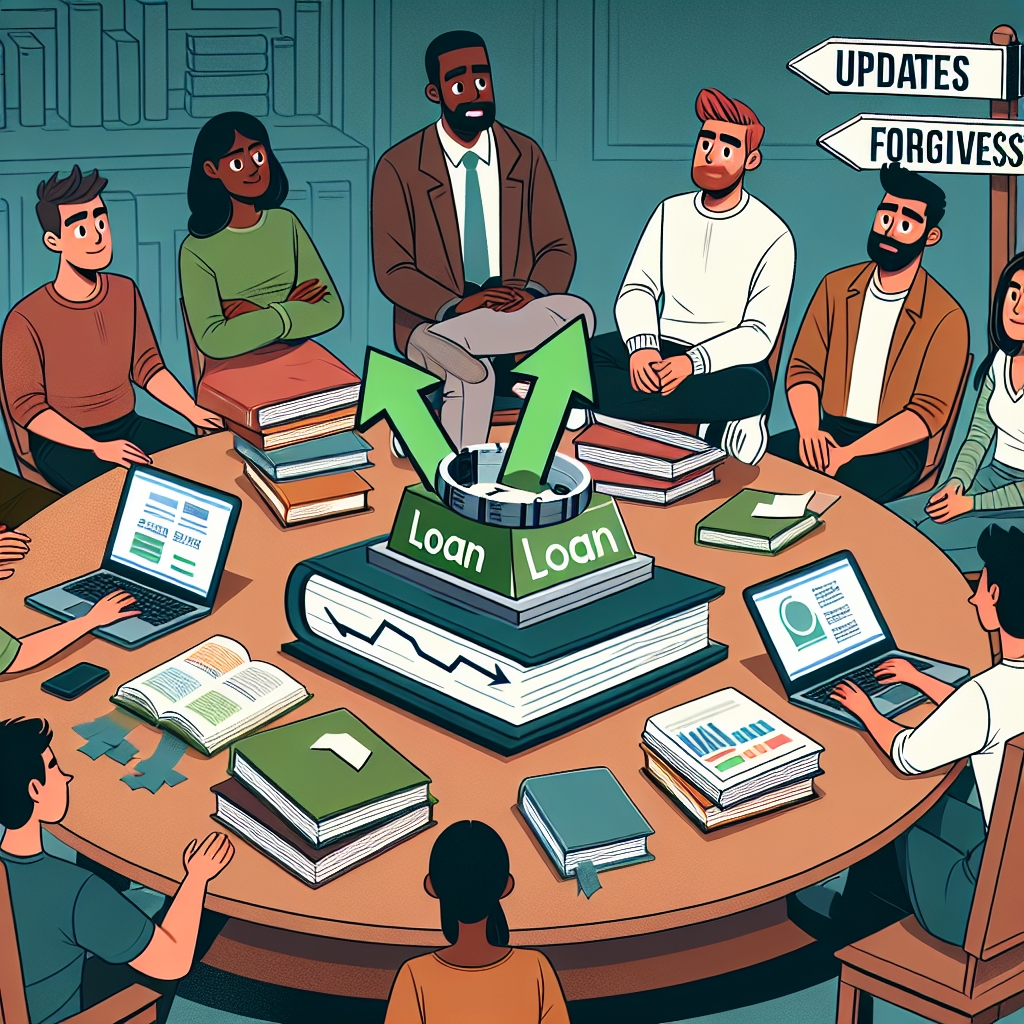 An image showing a diverse group of students from various descents including Middle-Eastern, Hispanic, Black, White, and South Asian. They are sitting around a circular table. In the center of the table, there's a pile of books about finance and a laptop displaying a chart about loan repayments. On the laptop screen, there are green arrows pointing downwards symbolizing the decrease in loan amounts. There's a sense of relief and happiness on the student's faces. Include a sign post in the background which points in two different directions with the labels 'Updates' and 'Forgiveness Options'.