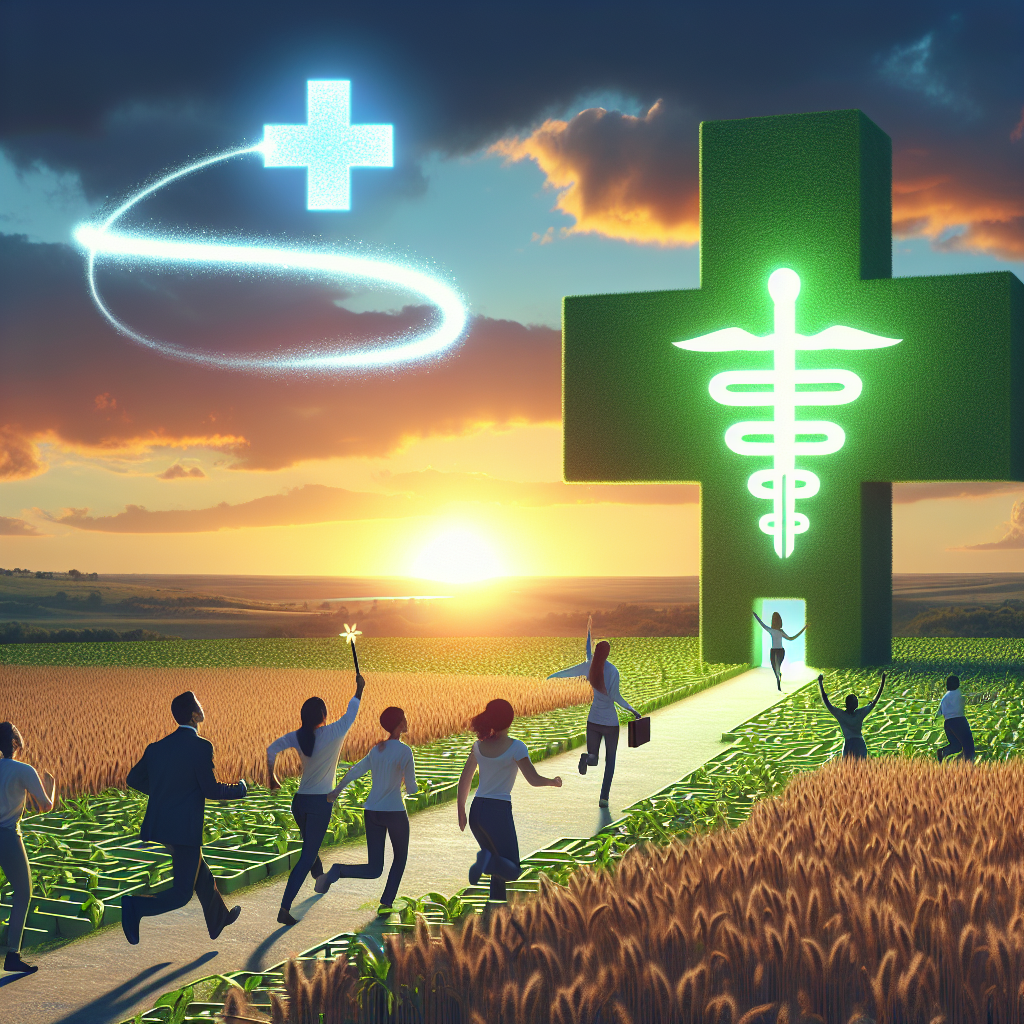 A conceptual image capturing the theme of 'Medicare Changes: Effortless Solutions to Affordable Healthcare Costs'. The scene features a large, green healthcare cross symbol in a vast field, representing healthcare. Nearby, a simplified graphic of a maze is being transformed into a straight path by a luminescent magic wand, symbolizing the 'effortless solutions'. In the background, a sunset is beautifully painting the sky, representing hope and positive change. A few diverse people of various descents, like Caucasian, Hispanic, Black and Middle-Eastern are joyfully skipping towards the horizon, indicating their relief and happiness due to affordable healthcare costs.
