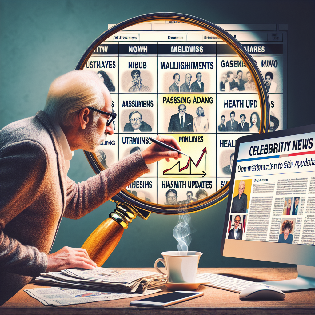 Generate an image of a magnified calendar with highlighted dates, each symbolizing a different occurrence such as milestones, passing away, and health updates. Adjacent to it is a computer displaying a news website dedicated to celebrity news updates. For representation, the reader of the website is a middle-aged South Asian man with glasses, and a cup of coffee along with the morning newspaper by his side. The ambience should reflect the commitment to stay updated about such matters.