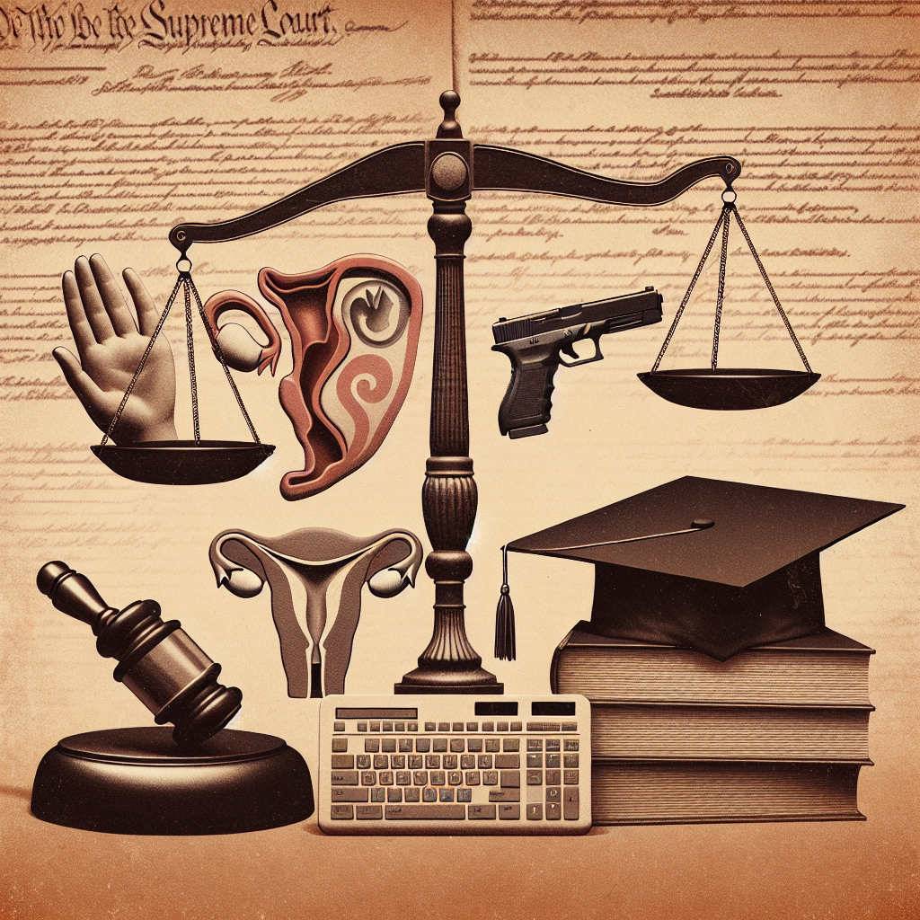 Generate an image that suggests the legal, medical, and educational sides of three major issues the US Supreme Court has recently addressed: abortion, gun laws, and student loans. These should be represented abstractly to avoid personal bias but be visually identifiable. For instance, depict a judge's gavel for the legal element, an ultrasound for medical element tied to abortion, a balance scale for judgement on gun laws, and a graduation cap symbolizing student loans. The backdrop should be a faded, historical court document to emphasize the Supreme Court's role.