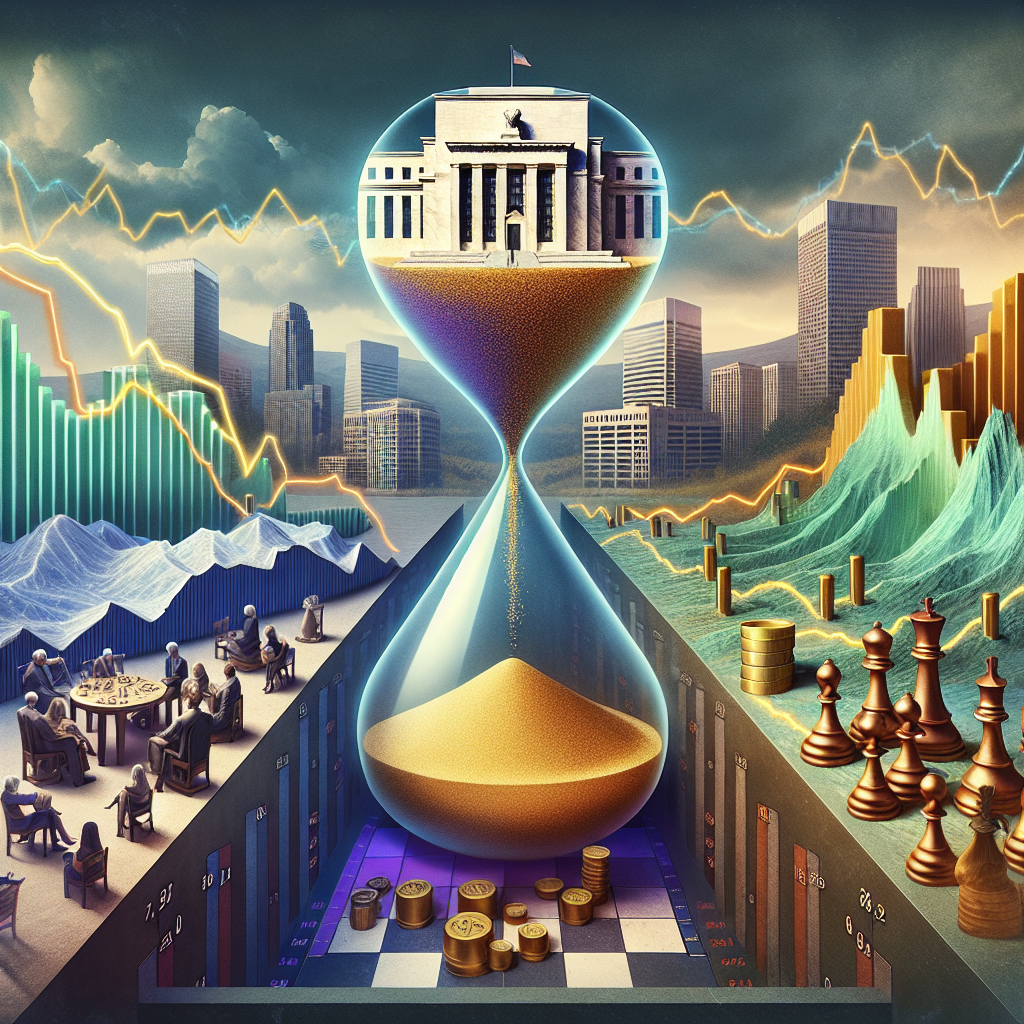 A conceptual illustration of an economic landscape, highlighting aspects of federal reserve interest and inflation turmoil. On one side, display a large, ornate hourglass with golden sand trickling down, representing time passing. Within the upper chamber, depict a stylized Federal Reserve building with people, embodying diverse genders and descents, deliberating around a table. The lower chamber should reveal a terrain of fluctuating bar graphs and line graphs symbolizing volatile economies. On the opposite side, a chess board with pieces strategically positioned on it to represent various financial strategies. Atmosphere steeped in a sense of anticipation.