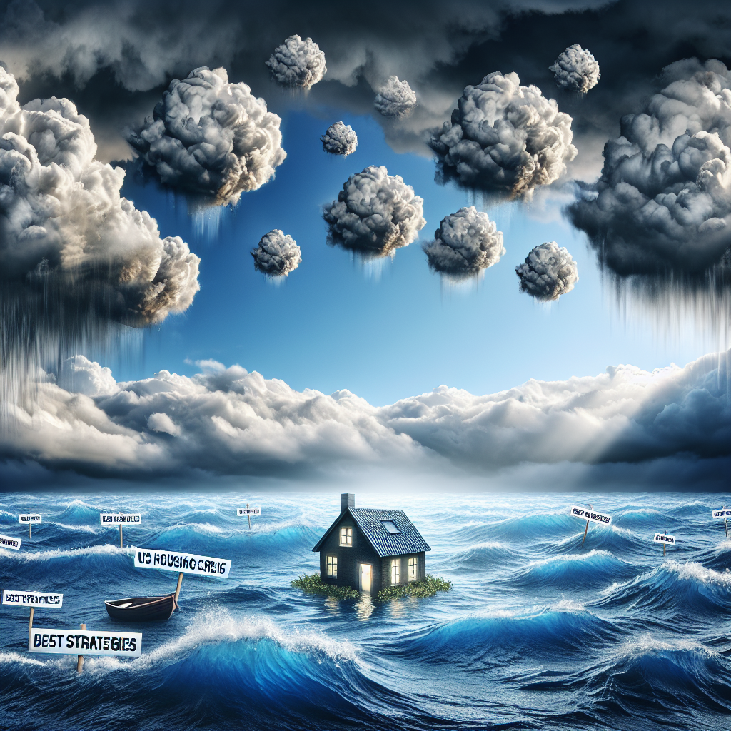 A turbulent sea under a stormy sky, symbolizing the surge in mortgage rates, with a tiny house struggling to stay afloat amidst the high waves of the ocean. The horizon is lit brightly to represent hope. Scattered across sky, with clouds forming the words 'US Housing Crisis', with small lifeboats labeled 'Best Strategies' on the calm waters near the shore indicating safe havens amidst the crisis.