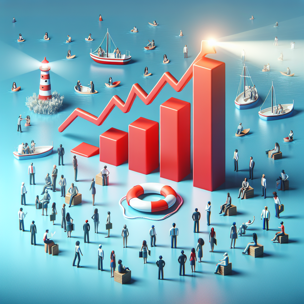 A 3D graph with rising red bars symbolizing the number of layoffs in the tech industry. Representing the survival strategies, there's a lifebuoy floating amidst the sea of layoffs, and a lighthouse in the distance illuminating the path ahead. Around the graph, there are diverse group of people characterized by different genders and descents such as Caucasian, Hispanic, and Asian men and women who are clearly tech professionals, showcasing their resilience during tough times by brainstorming, networking, and empowering each other.
