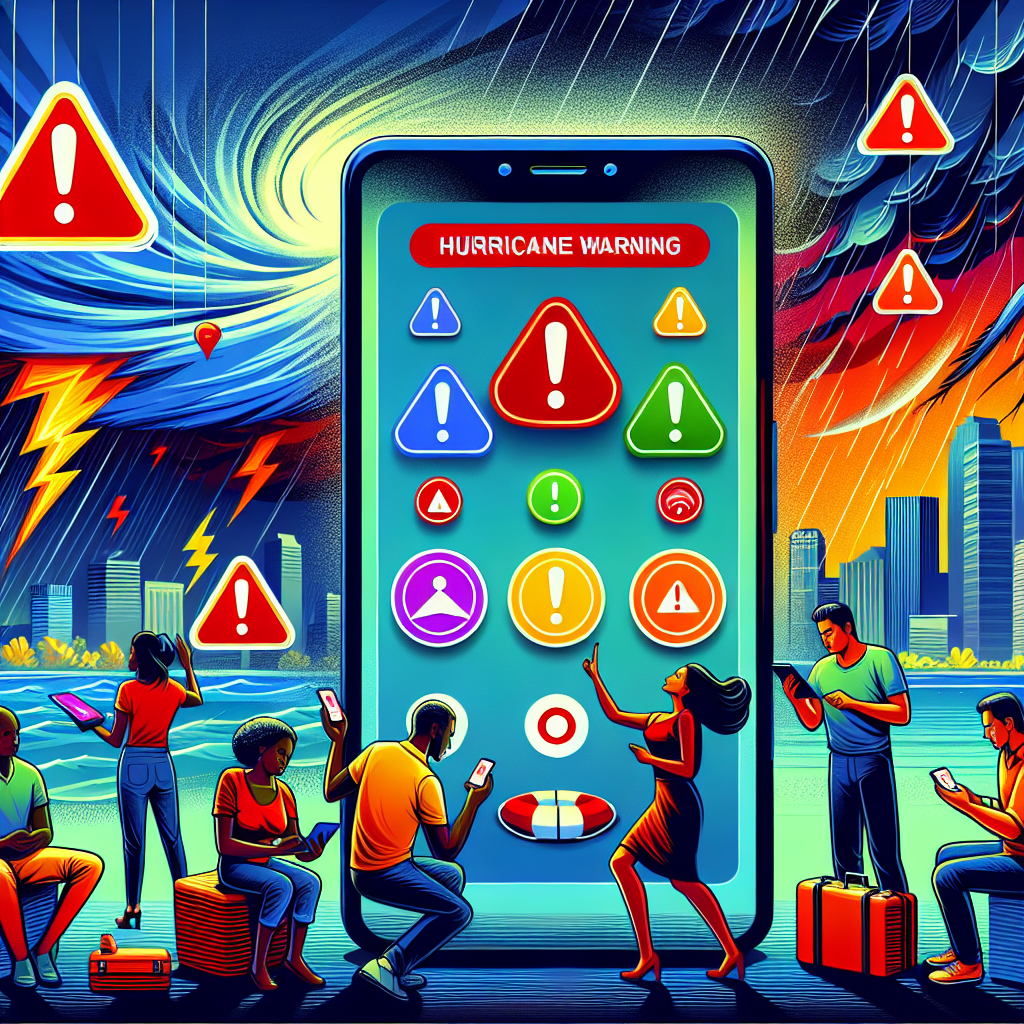 A vivid illustration showcasing vital alerts during hurricane season for emergency preparedness. In the foreground, demonstrate an oversized smartphone screen with a hurricane warning app on display, featuring brightly colored alert symbols. In the background, depict a changing weather scenario indicating the arrival of a hurricane - dark clouds gathering, winds blowing, and rain starting to pour. Include a diverse group of people receiving these alerts on their devices - a Black woman, perhaps a meteorologist, a South Asian man, who looks like a local resident prepared with his emergency kit, and a Middle-Eastern teenager using his tablet.