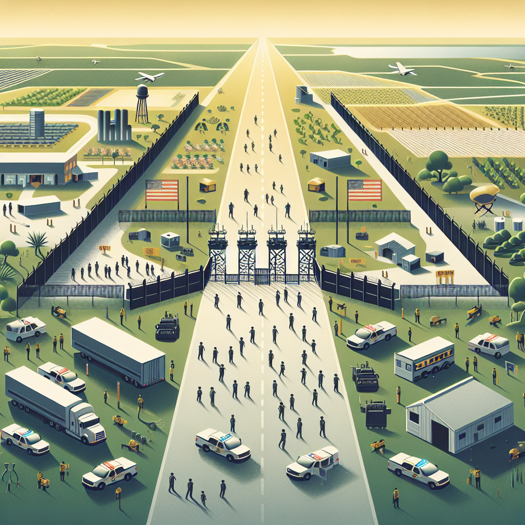 Create an image that depicts a symbolic representation of an updated policy on border security. Show a bird's eye view of an efficient, modern border control system with high-tech surveillance equipment, updated infrastructures like fences and checkpoints, and well-organized officers ensuring safety. Illustrate a vast landscape with a demarcated boundary line. Do not include any specific flags, emblems, or identifiable officers. Also, include some individuals crossing the border legally, showing two sides of immigration, and ensure they represent various descents and genders.