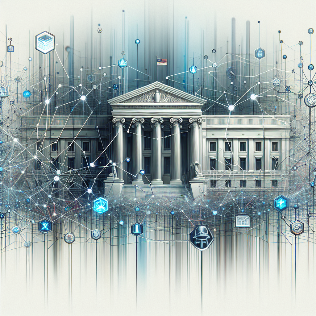 Illustrate a conceptual image of Artificial Intelligence regulation, depicted as complex webs of lines and nodes symbolizing laws, guidelines, and standards. The web should be overseen by a representation of a federal building symbolizing the administration, not to be mistaken for a specific building. The color palette should be cool and professional; blues, greys, and whites. The style is realistic with a touch of abstraction to denote the complex and evolving nature of the topic. Please do not include any specific individuals or recognizable figures.