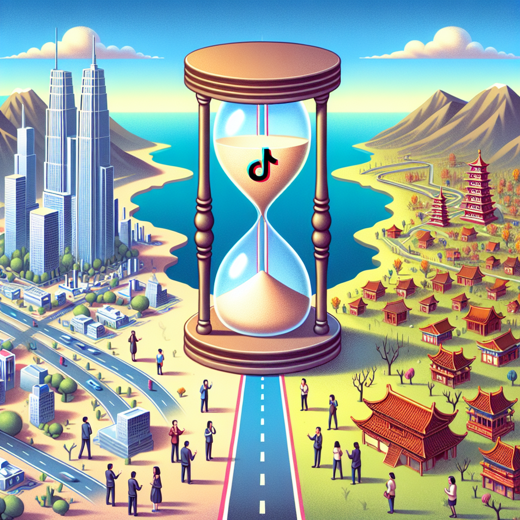 Visualize a symbolic representation of a debate on technology regulations. A large hourglass stands in the middle of a road that splits two landscapes. On the left, a city with high skyscrapers represents US tech industry, while on the right, a town with traditional architecture symbolizes Chinese tech industry. Two groups of people from both sides, Caucasian and East Asian, are having a discussion. The sand in the hourglass represents the Tiktok logo, symbolizing the countdown to the ban decision.
