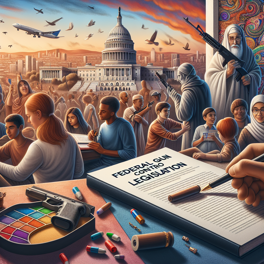 Create an image showcasing the theme of federal gun control legislation. Depict a diverse range of people with different descents like Caucasian, Black, Hispanic, and Middle Eastern, each engaged in peaceful activities such as reading a book, playing board games, or painting. In the foreground, clearly show a document titled 'Federal Gun Control Legislation' and a pen suggesting the act of law-making. Towards the background, incorporate a peaceful cityscape during sunset, symbolizing the end of a day and the beginning of a new era of peace and safety.