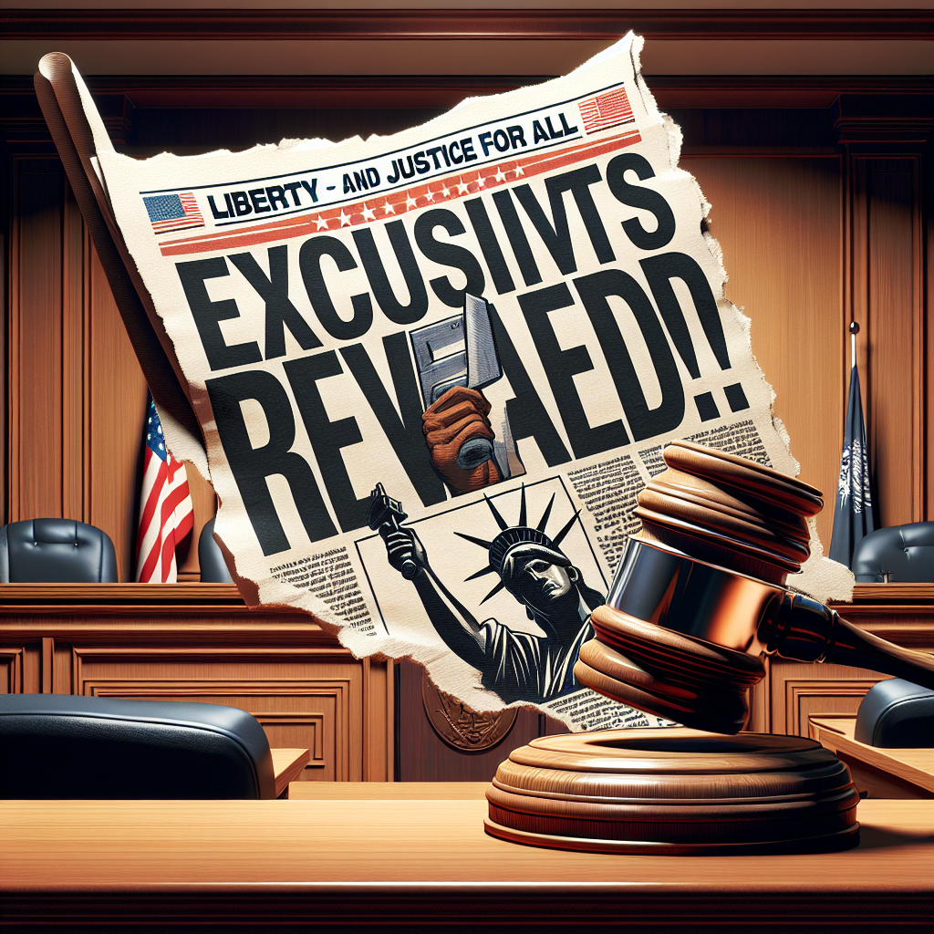 A graphic representation of a gavel hitting the stand inside a courtroom, with an inset of a torn newspaper headline reading 'Exclusive Verdicts Revealed!' The scene should evoke a sense of gravity and serious implications. The room has wooden furniture, American flag on the side, and 'Liberty and Justice for All' etched on the wall, symbolizing the justice system of the United States. The newspaper should indicate the significance of high-profile criminal trials, without revealing any specifics about the cases or individuals involved.