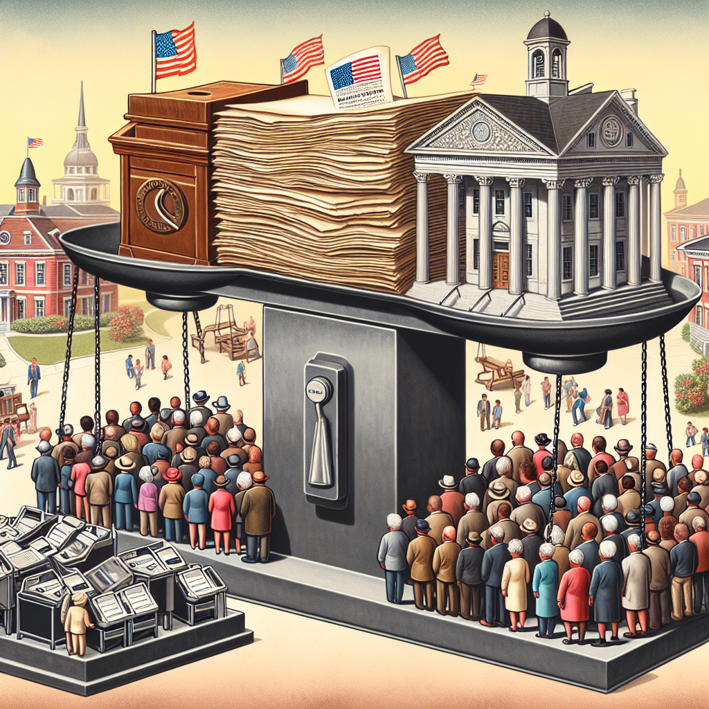 Illustrate a conceptual depiction of change in US election system, focusing on the theme of 'Voting Law Updates'. Imagine a large symbolic scale with outdated voting tools (parchment, quill, ballot boxes from the 1800s) on one side significantly outweighed by modern voting tools (electronic voting machines, digital styluses, online voting apps) on the other. The backdrop should be a classic American cityscape with a town hall and citizen's park. Occasionally, have diverse voters representing a range of different descents (Caucasian, Hispanic, Black, Middle-Eastern, South Asian, East Asian) and genders participating in the process, accentuating the democratic spirit of the scene.
