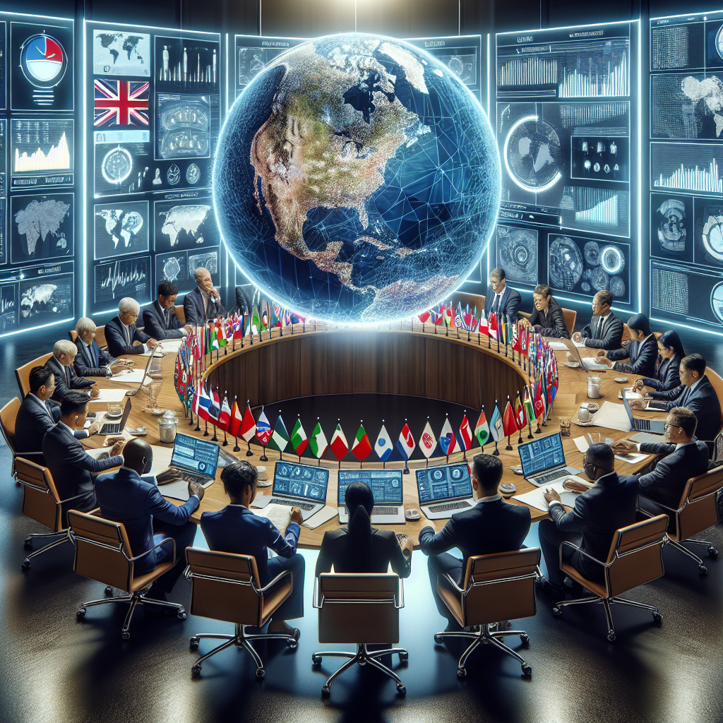 An image showing a diverse group of scholars from various descents such as Black, Asian, Hispanic, and White, sitting around a large table, thoroughly discussing on documents and virtual presentations about global security strategies and military aid. They are surrounded by walls lined up with maps and statistical charts. Placed on the table are multiple flags representing different nations. Highlight in the background a giant glowing globe, symbolizing a united world focus towards the goal of global security. Prominent considerations are shown related to ethics, diplomacy, and military aid. Note that no specific personalities are depicted.