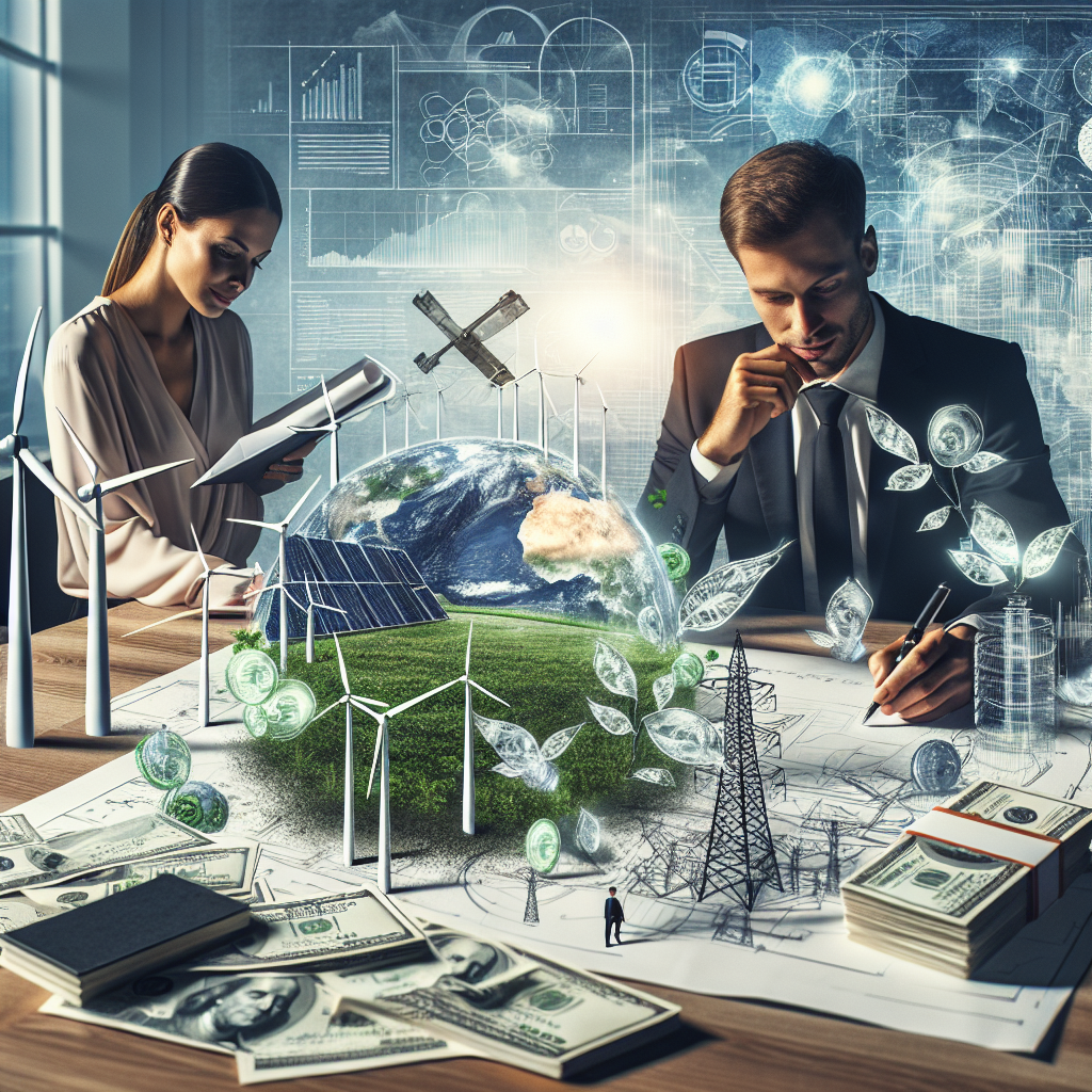 Imagine a visual representation of the concept of clean energy investments. Depict a Caucasian woman and a Middle-Eastern man working together in an modern office setting. They are pouring over large blueprints outlining various green energy solutions such as wind turbines, solar panels, and hydro plants. Show stacks of currency notes, symbolizing investments, next to the blueprints. In the background, subtly incorporate an image of the globe with green areas growing, signifying the positive effect of these efforts on climate change. To link it to the legislative context, include a signed document with a headline reading 'Climate Change Legislation'.
