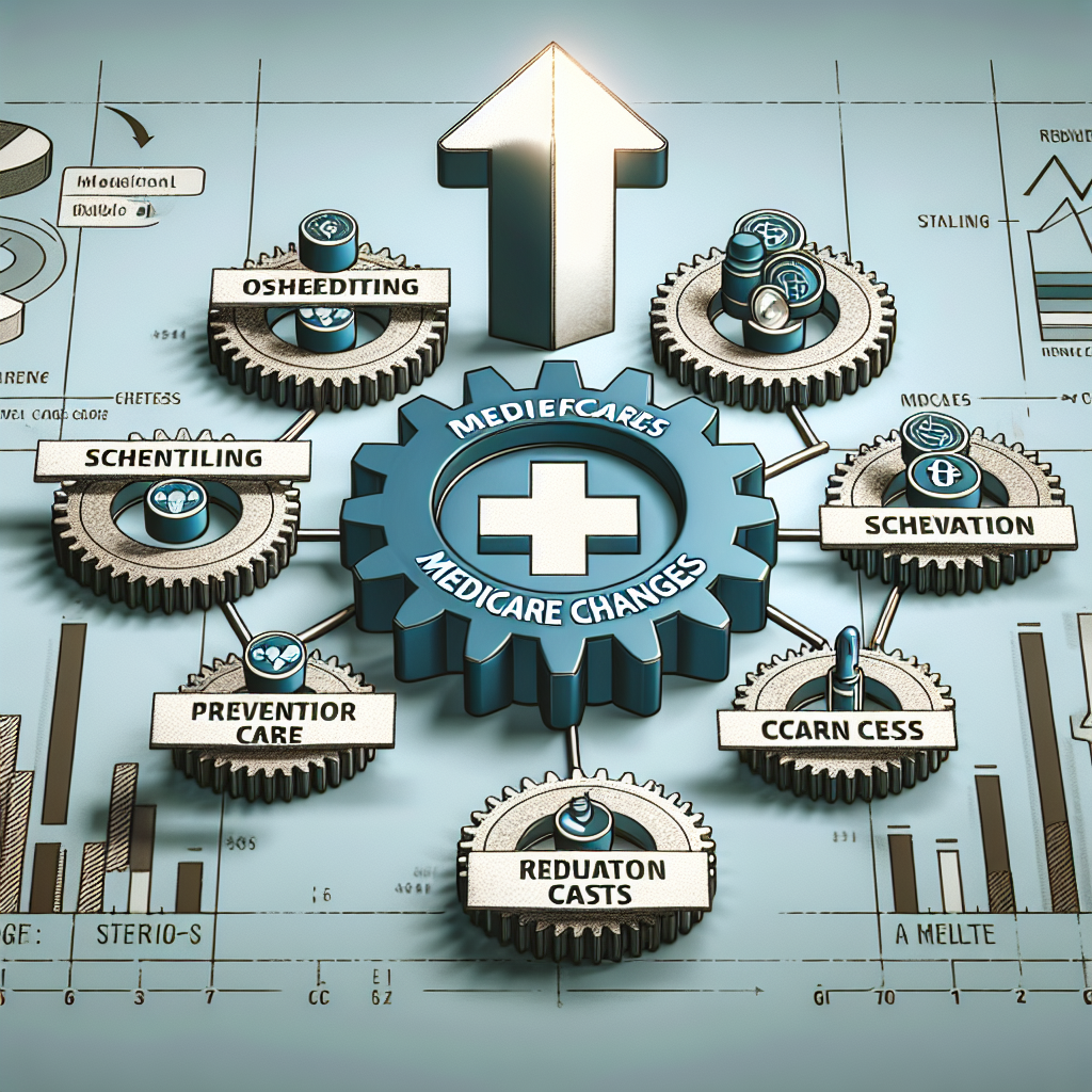 Depict a scene that metaphorically represents 'Medicare Changes' comprising of a large gear marked with a healthcare cross symbol interlocking with smaller gears labeled 'Effortless Strategies'. These smaller gears should include pictograms indicating 'Efficient Scheduling', 'Preventive Care', and 'Smart Medication Use'. An arrow pointing downwards, denoting 'Reduced Costs', should be added in the background. The scene should have an analytical style with bar and pie charts faintly visible, symbolizing data-analysis and decision making.