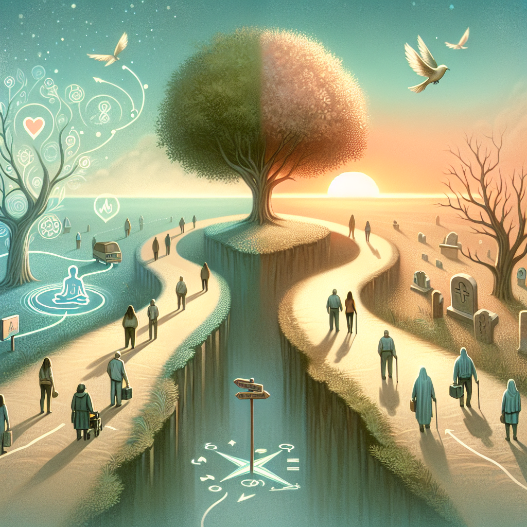 A concept art to illustrate an article about famous individuals' significant life events such as managing health updates and coping with end-of-life experiences. Show a multiple of generic, unidentifiable figures representing public figures in two separate paths. One path leads towards a flourishing tree, representing life and health updates; the other leads towards a serene sunset, a metaphor for death. Include a compass symbolizing navigation and a roadmap with milestones symbolizing their journey. Set this in a soft, peaceful landscape to convey a sense of calmness and balance.