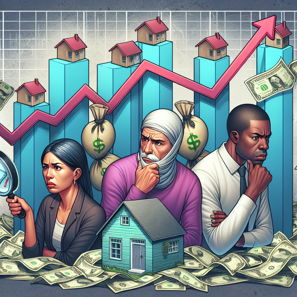 A detailed image showing an illustrated graph indicating rising mortgage rates in the background. In the foreground, there are three individuals: A Hispanic woman, a Middle-Eastern man, and a Black man, all appearing distressed, yet determined. They are scrutinizing the graph with critical eyes and discussing strategies. Around them are symbolic representations of houses undergoing changes in value, like an hourglass. Strewn around them is a maze made of dollar bills, symbolizing the crisis in the US housing market.