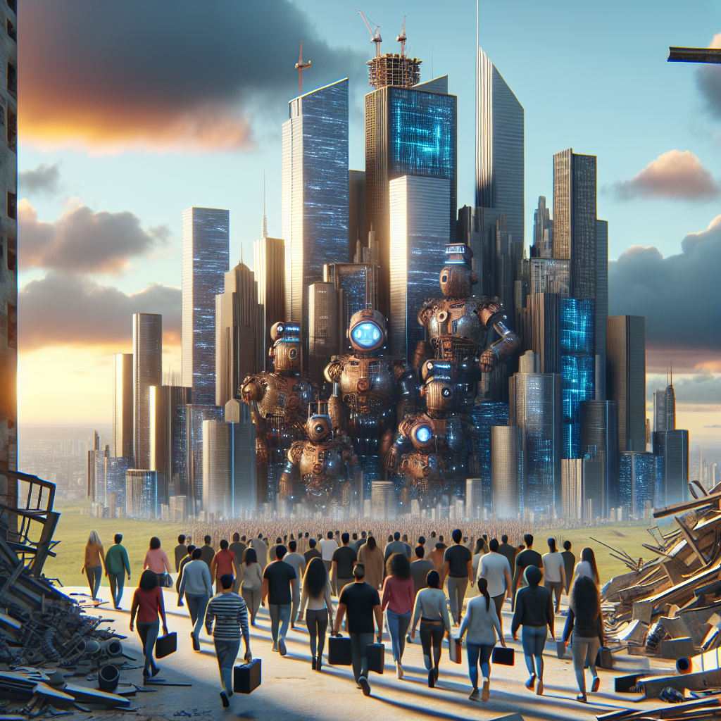 Depict a dramatic metaphorical image showing 'Tech Giants' as large, futuristic buildings amid partially dismantled cityscape to represent mass layoffs. The sky is filled with a soft, afternoon glow. In the foreground, a diverse group of people is walking away from the city. They represent a variety of ethnicities, including but not limited to Caucasian, Hispanic, Middle-Eastern, South Asian, and Black, and a balance of genders. They carry tech-related items to highlight their occupations, such as laptops, coding books, VR headsets, and robot parts.