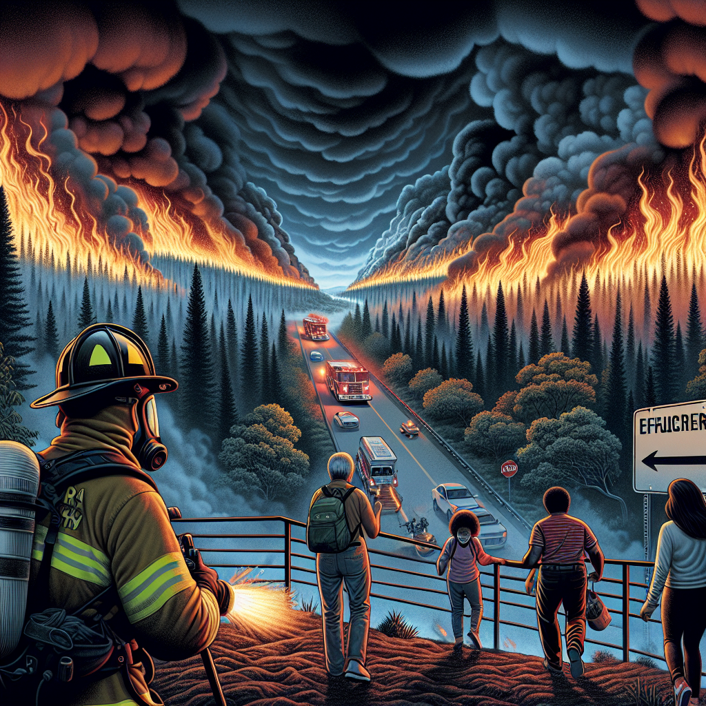 Illustrate a dramatic scene where wildfire is blazing through an expansive forest in the evening. The sky is filled with dark clouds of smoke. Foreground includes a clearly marked evacuation route with a sign pointing towards a safe zone. On the side, a firefighter of South Asian descent, wearing full gear and mask, is courageously battling the fire. Nearby, a Hispanic woman, a Black man, and a Middle-Eastern child are following the evacuation route, displaying range of emotions from fear to determination. The image should provide a sense of urgency that complements the article's subject matter.